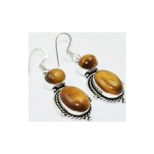 Tiger Eye , 55 mm, Silver Overlay on Copper Earrings, E1543
