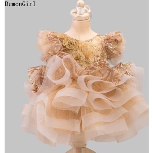 Champagne Puffy Organza Baby Dress Christening Gown Baptism Clothes Kids Knee Length Birthday Dress Infant Party Costume