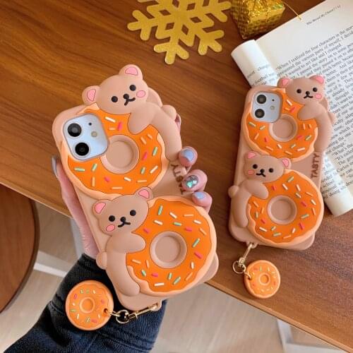 Donuts Bear cub 3D Cartoon silicone Cover for iphone 12 mini 11 pro Phone case For X XR XS MAX 6 6s 7 8 Plus Pendant soft cover