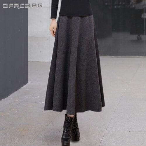 Wine Red Thicken Warm Winter Wool Maxi Skirts For Women 2021 High Waist Vintage Pleated Long Skirt Woollen Female Saias
