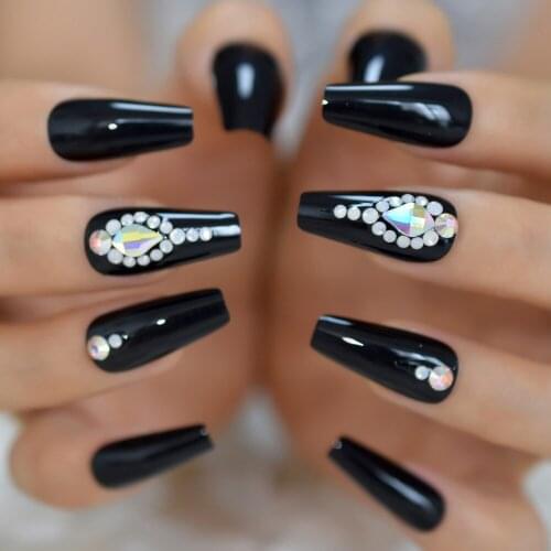 High Quality Pointed Nail Tips Black Color Long Coffin Shape False Nails With Rhinestones With Nail Adhesive