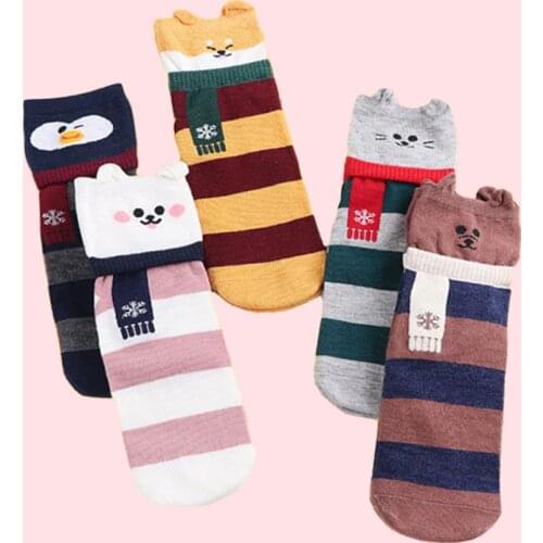 Funny Cute Socks for Women Ears Design Cuffs Bold Stripe Patterned Casual Cotton Short Socks 1 Pack