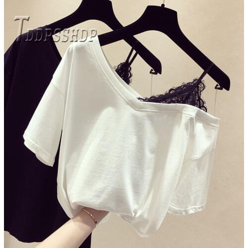 95% Cotton Lace Fake 2 Piece Women T Shirt 2019 Summer Black White Blue Short Sleeve Female Tee Shirts