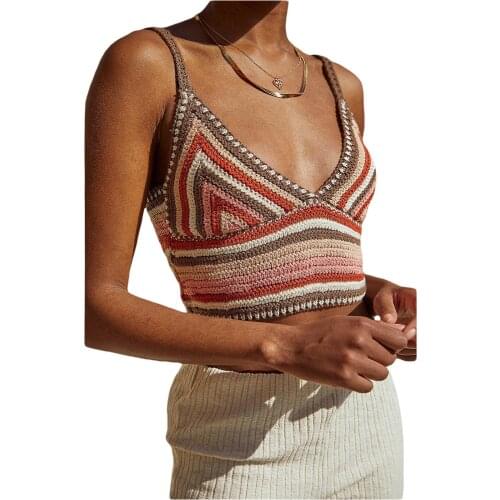 Summer Ladies Sexy Midriff-baring Camisole Girls Creative Colorful Stripe V-neck Sleeveless Base Shirt Knitted Tops