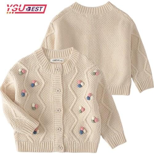 1-5Y Autumn Winter Baby Girls Flower Knitted Cardigan Sweaters Coat Children Clothing Kids Handmade Wool Ball Cardigan Coat Tops