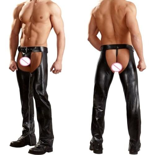 2018 Sexy Men PU Leather Open Crotch Erotic Latex Pants Adjustable Belt Buckle Zipper Side Trousers Hollow Out Long Pants Club