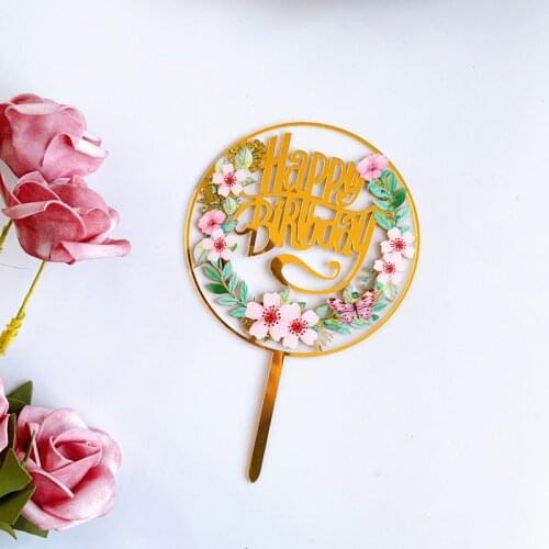 2021 Color Flowers Happy Birthday Cake Topper Gold Acrylic Birthday Cupcake Topper Decor for Kids Birthday Party Cake Decoration