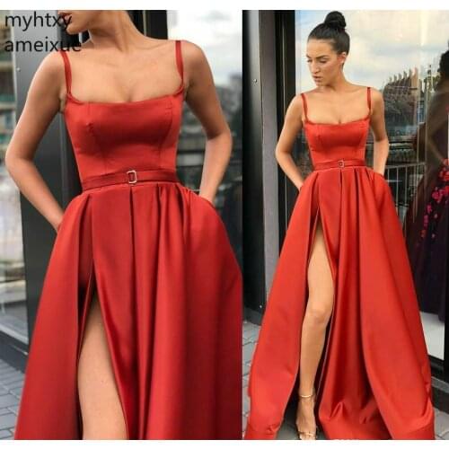 2021 Cheap Saudi Arabic African Red Sexy Evening Dress A Line High Thigh Split Women Wear Party Prom Gown Custom Made Plus Size