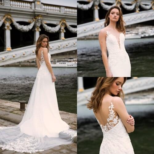 Appliques White Ivory Wedding Dresses Sexy Illusion Back Sheath Bridal Gowns Boho Floor Length Wedding Gown 2020