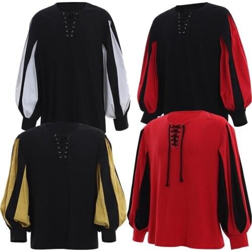 Cosplaydiy Custom Made Historical Medieval Lace Up Wide Cuff Mixed Red Black Color Contrast Costume Shirts L320