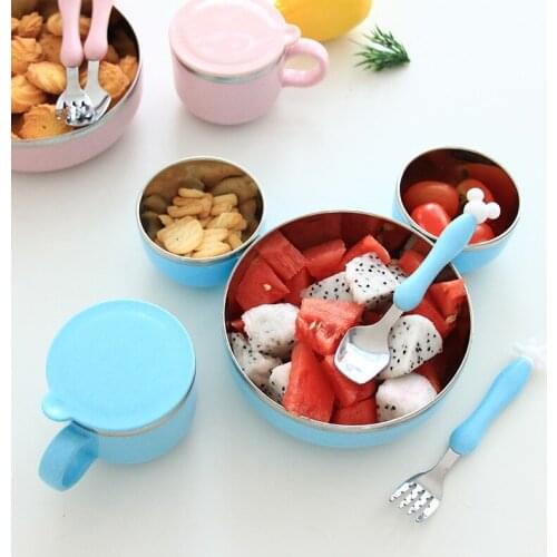 Children 304 Stainless Steel Bowl Spoon Fork Water Cups Dinnerware Set Baby Traning Feeding Tableware Mickey Modeling Bowls Sets