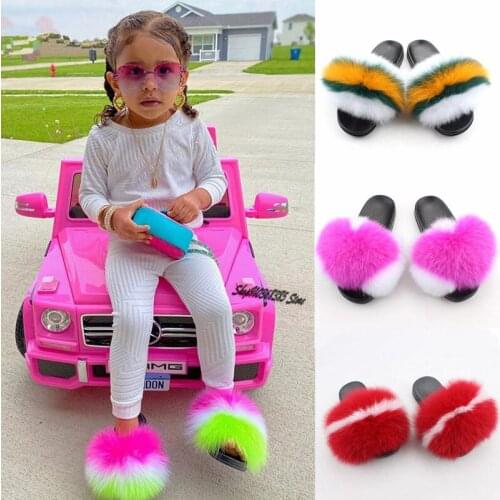Childrens Fluffy Fox Fur Slippers Girls Fashion Cute Soft Furry Slides Kids Outdoor Beach Flip Flops Colorful Plush Sandals