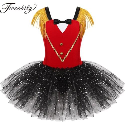 Kids Girls Halloween Circus Ringmaster Costume Dancewear Tassel Bowtie Foil Sequins Mesh Tutu Gymnastics Leotard Ballet Dress