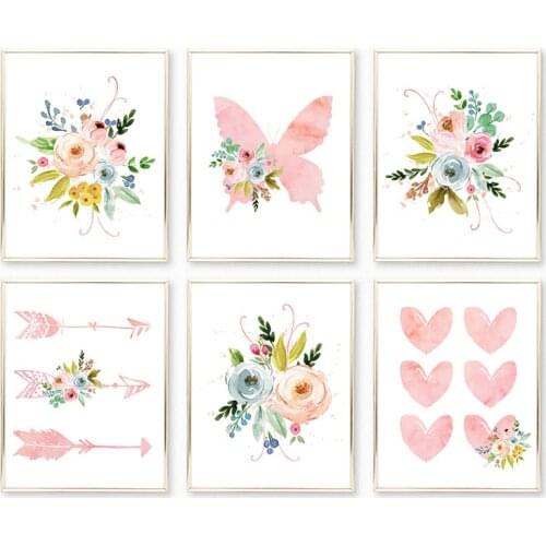 Home Decor Canvas Painting Nordic Style Watercolor Pink Butterfly Flower Pictures Wall Art Prints Modular Poster For Living Room