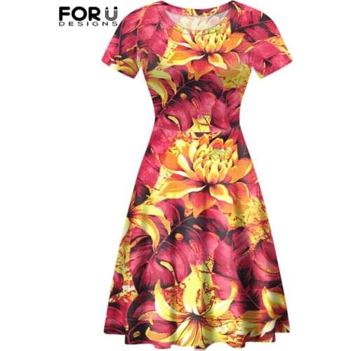 FORUSEDIGNS Women Short Sleeves Summer Dress Hawaiian Style Camellia O-Neck Leisure Skirt Hot Selling Clothes Vestidos De Fiesta