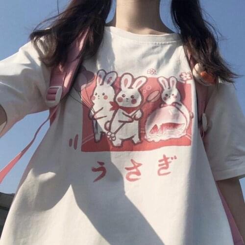 O-Neck Rabbit Tshirt Streetwear Female Summer Kawaii T Shirt Women Harajuku Oversize White Tops Tee Hip Hop Funny Tshirt Girls