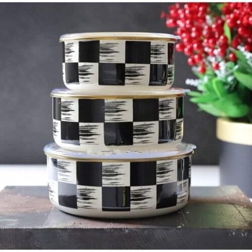Checkered Enamel 3 Pcs Storage Container-vacuum storage kabı-3lü deep plate-bowl