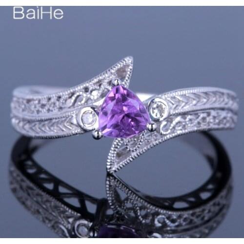 BAIHE Sterling Silver 925 0.19ct Certified Trillion Genuine Amethyst Wedding Women Office/career Fine Jewelry Amethyst Ring