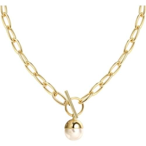 Brass With 14K Gold Faux Pearl Necklace Women Wedding Jewelry Runway T Show Party Gown Glam Top Gothic Japan Korean