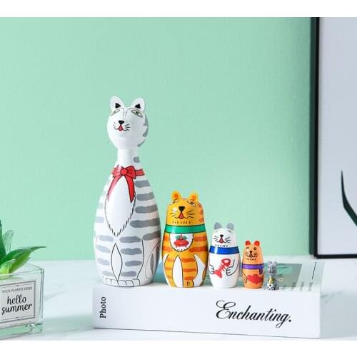 5pcs/Set Long-necked Cat Russian Matryoshka Dolls Handmade Basswood Nesting Dolls Set Matryoshka Doll Toys Home Decor Toys NEW