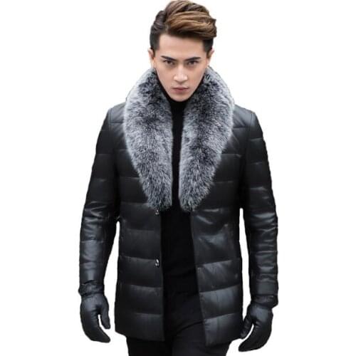 Hot sale 2019 fashion new leather down jacket mens slim leather leather mens fox fur collar lapel thick leather jacket