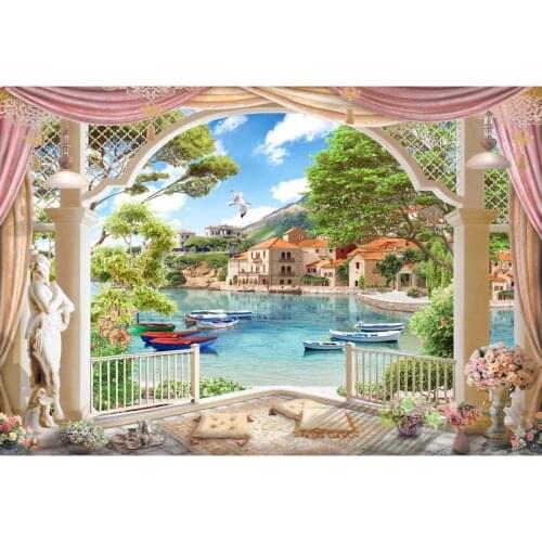 Natural Scenery Series Photography Background Brick Houses On The Mount Clear Lake With Ship White Fence With Sculpture Backdrop