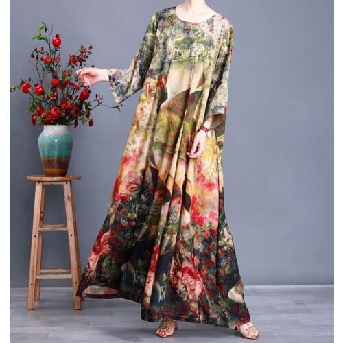 Characteristic National Style New Silk Dress Pattern Long Over The Knee Temperament Fashion Large Womens Retro Print Sail Patte