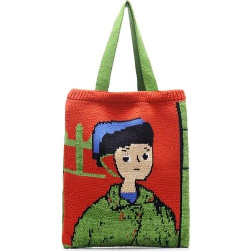 Ladies Fashion Knitted Crochet Wool Fleece Tote Bag Girl Large Capacity Ethnic Pattern Student Notebook Shoulder School Bag