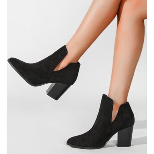 Womens Ankle Boots V Shaped Pointed Toe Women Booties 2021 New Ladies Flock Solid Color Thick Heels Footwear Autumn Plus Size