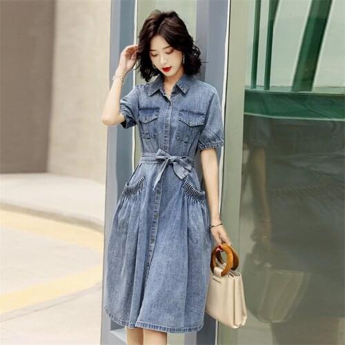 Summer Denim Dress 2021 Korean Style Fashion Casual Jeans Shirt Dress Women Short Sleeve Pockets High Street Midi Dresses