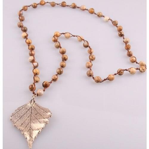 Fashion Handmade Picture Ja Stones leaf Pendant Long Necklace Women Jewelry
