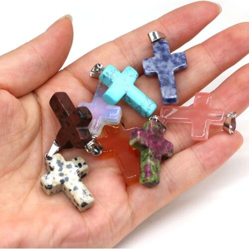 Explosive New Spot Natural Stone Rose Quarts Tiger Eye Stone Charms Cross Shape Pendant for Jewelry Making DIY Necklace 18x25mm