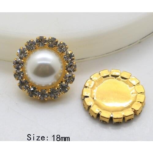 NEW Free Shipping 10Pc 18mm Round white pearl Rhinestone buttons Golden metal buttons Invitation DIY Wedding apparel Decoration