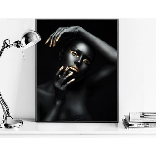 African Girl Painting Nude Woman Poster Golden Black and White Canvas Painting Scandinavian Wall Decoration for living Room