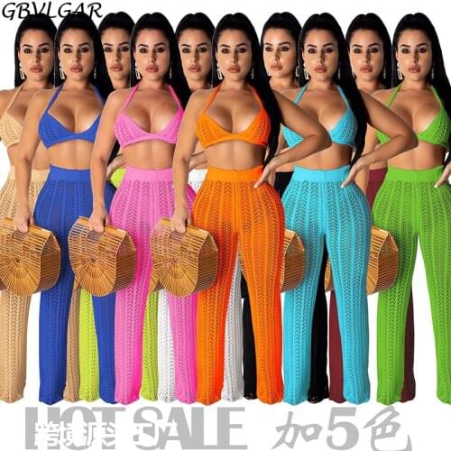 GBVLGAR 2020 Summer Fishnet Knitted Two Piece Set Women Sexy See Through Night Club Suits Bra Top Pants Casual Beach Outfits