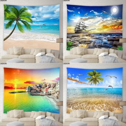 Ocean Bohemian Scenery Tapestry Beach Dolphin Palm Tree Hawaii Natural Landscape Wall Hanging Home Decor Beach Towel Yoga Mat