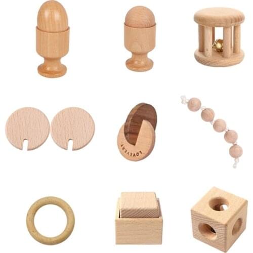 Newborn Infant Toys Wooden Object Fitting Exercise Hand Grasped Toy Egg Cup Cube Box Baby Bed Bell Rattle Vocal Gift