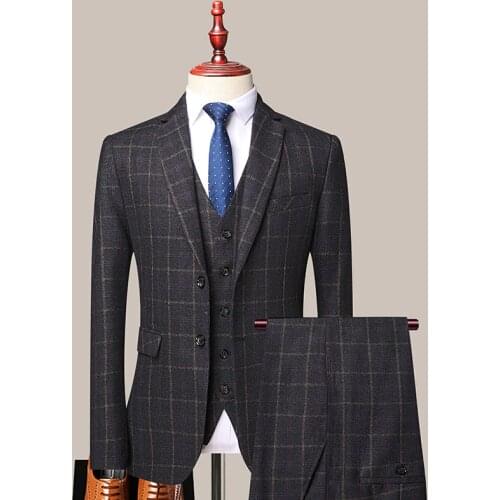 Three-piece Blazer Male Formal Business Plaids Suits for Mens Fashion Boutique Plaid Wedding Dress Suit Jacket + Vest + Pants