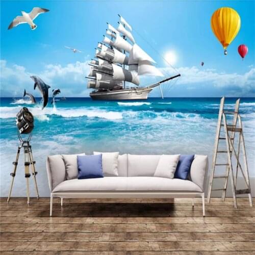 3D three-dimensional smooth sailing sea view living room TV background wall painting quality waterproof material