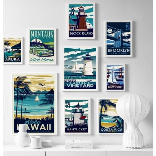 Nordic Posters And Prints Brooklyn Aruba Costa Rica Hawaii Retro Wall Art Canvas Painting Wall Pictures For Living Room Decor