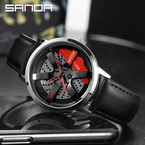 SANDA 2021 New Racing Roulette Mens Watch Custom Design Car Watch Leather Custom Non-Printing Wheel Watch Relogio Masculino