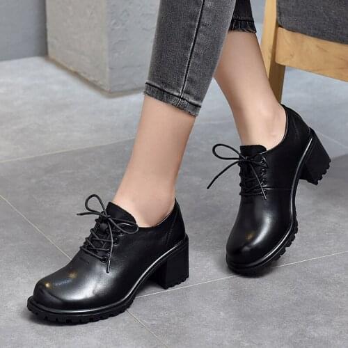 2021 Spring New High-heeled Womens Shoes Thick-heeled Low-top Shoes Lace-up Single Shoes Ladies Cowhide Handmade Shoes