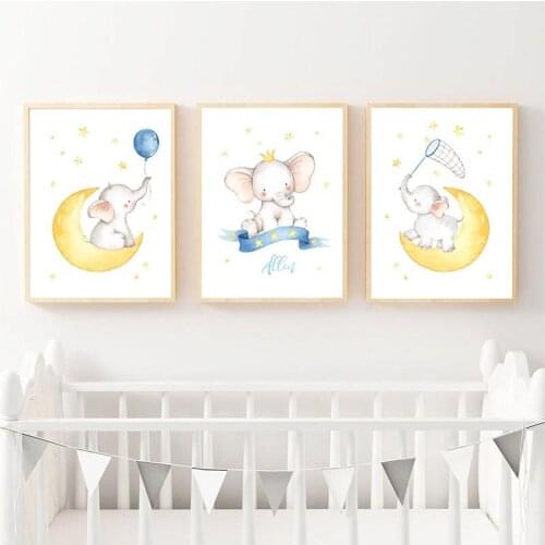 Personalized Baby Name Custom Wall Art Canvas Painting Elephant Animal Poster Print Nordic Moon Picture Nursery Kids Room TB167
