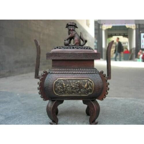 Song voge gem S1295 10 Chinese Red bronze Buddhism flower pattern Foo dog Lion incense burner censer