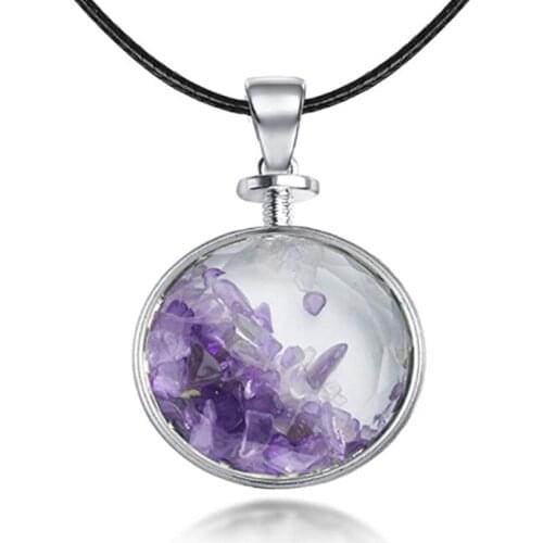 Silver Plated Amethysts Stone Wish Bottle Round Pendant Rope Chain Necklace Rose Pink Quartz Jewelry