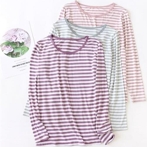 Simple Striped Long-sleeved T-shirt Lady Spring Modale Sleep Tops Round Neck Pijama Set Women Sleepwear Plus Size Sleep Shirt