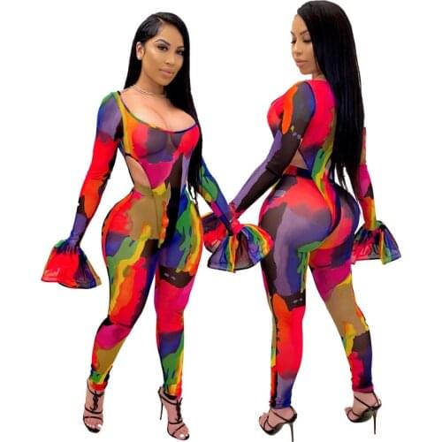 Tie-dye See-through Red Colorful Printed 2 Two Pieces Sets Females Hollow Out Long Flare Sleeves Square Collar Two-Piece Sets