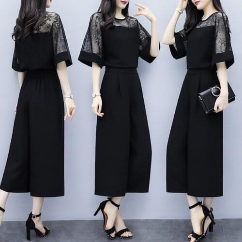 Chiffon Pantsuits Women Pant Suits For Mother of the Bride Outfit Black Mesh Lace Wedding Guest Wide Leg Loose Two Piece Sets