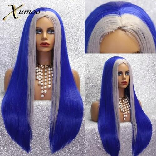 XUMOO Highlight Grey Blue Synthetic Non-Lace Wig Long Straight High Resistant Fiber Cosplay Party Lolita Wigs For Black Women