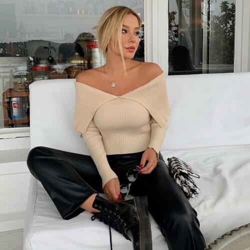 Ardm Sex Women Sweater 2020 Fashion With Off Shoulders Fitted Knitted Sweater Vintage Slim Long Sleeve Female Pullovers Chic Top